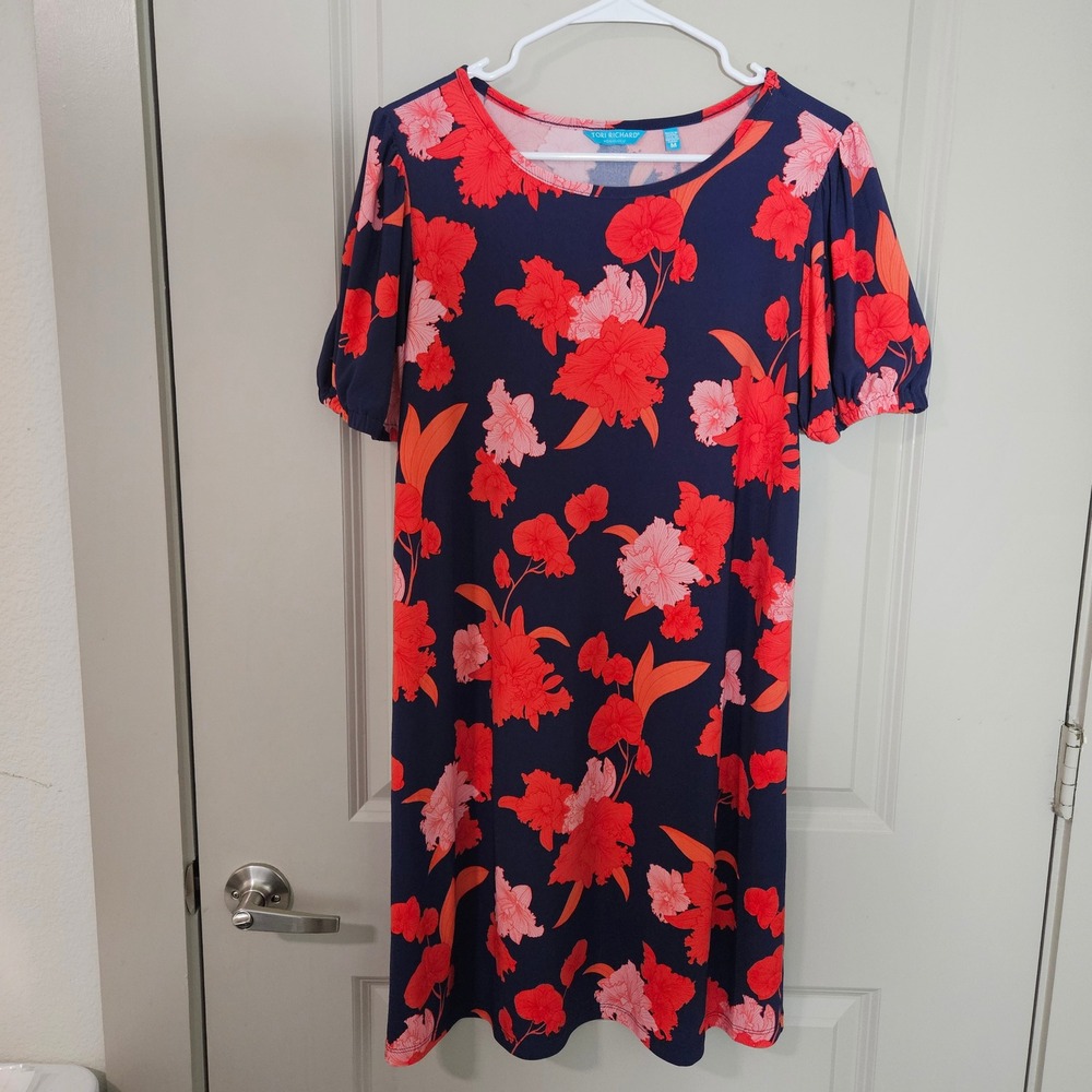 Tori Richard Honolulu Navy Red Floral Puff Sleeve Shift Dress Womens M